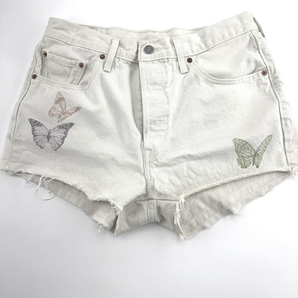 Levis 501 Original Butterfly Print Denim Shorts Off White Cream W31 Button Fly